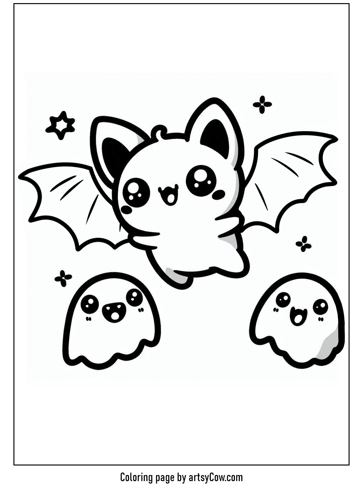 halloween coloring pages with bats featuring an adorable bat surrounded by friendly ghosts.